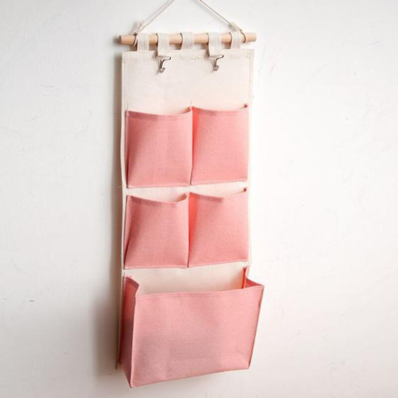 Canvas Printing Cotton Linen Hanging Storage Bag 5 Pockets Wall Mounted Wardrobe Hang Bag Wall Pouch Cosmetic Toys Organizer