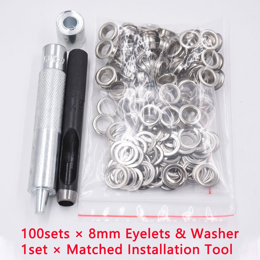 100 sæt indvendig diameter 3.5mm-17m øjer & skiver med matchende stans & hammerpind metal fastgør installationsværktøjssæt manuelt: 8mm