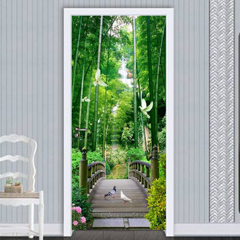 Waterproof Self-Adhesive Door Sticker Bamboo Forest Wooden Bridge Pigeon 3D Photo Wallpaper for Living Room Bedroom Door Mural