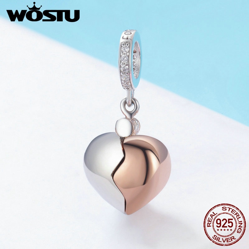 WOSTU Reine 925 Sterling Silber Open Heart Rose Gold Key Charme Perlen Fit Armband Halskette DIY Schmuck FIC844