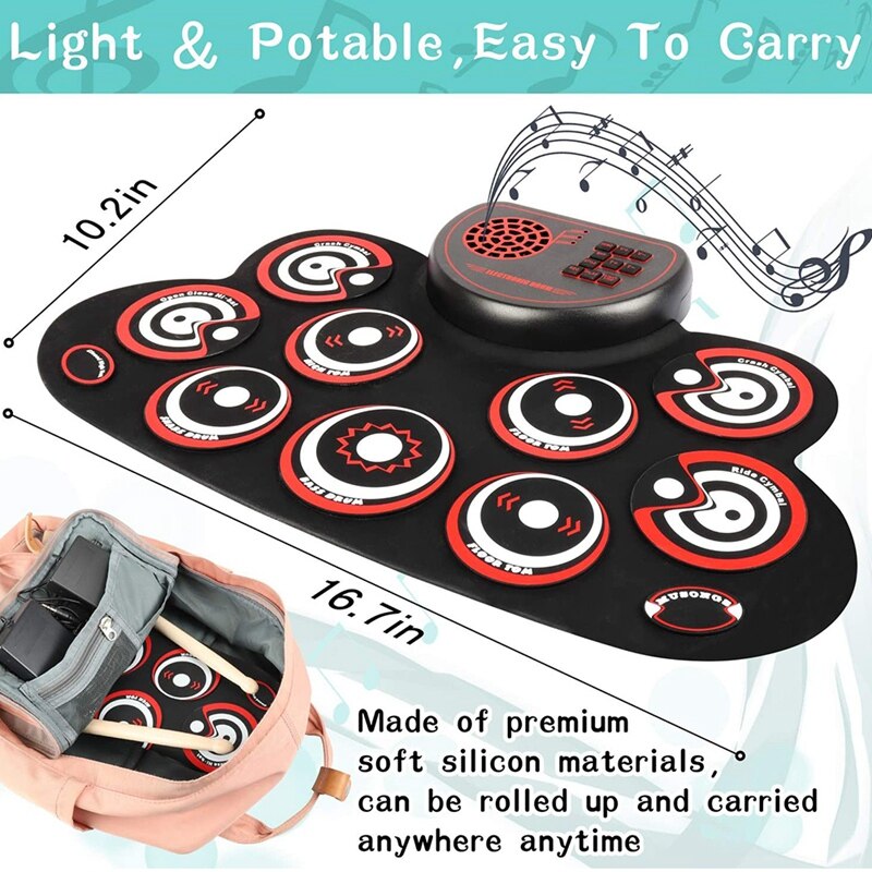 Electronic Drum Set - Practice Drum Pad Roll Up Potable Drum Kit with Headphone Jack Built-in Speaker Drum Sticks