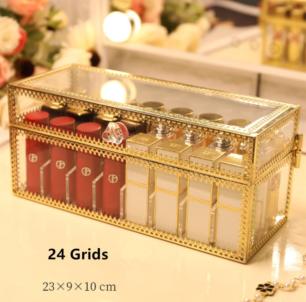 Retro kopparkant glas läppstiftslåda kosmetiska smycken förvaringslåda genomskinligt guld brons sminkorganisator badrumsställ: 24 galler normala