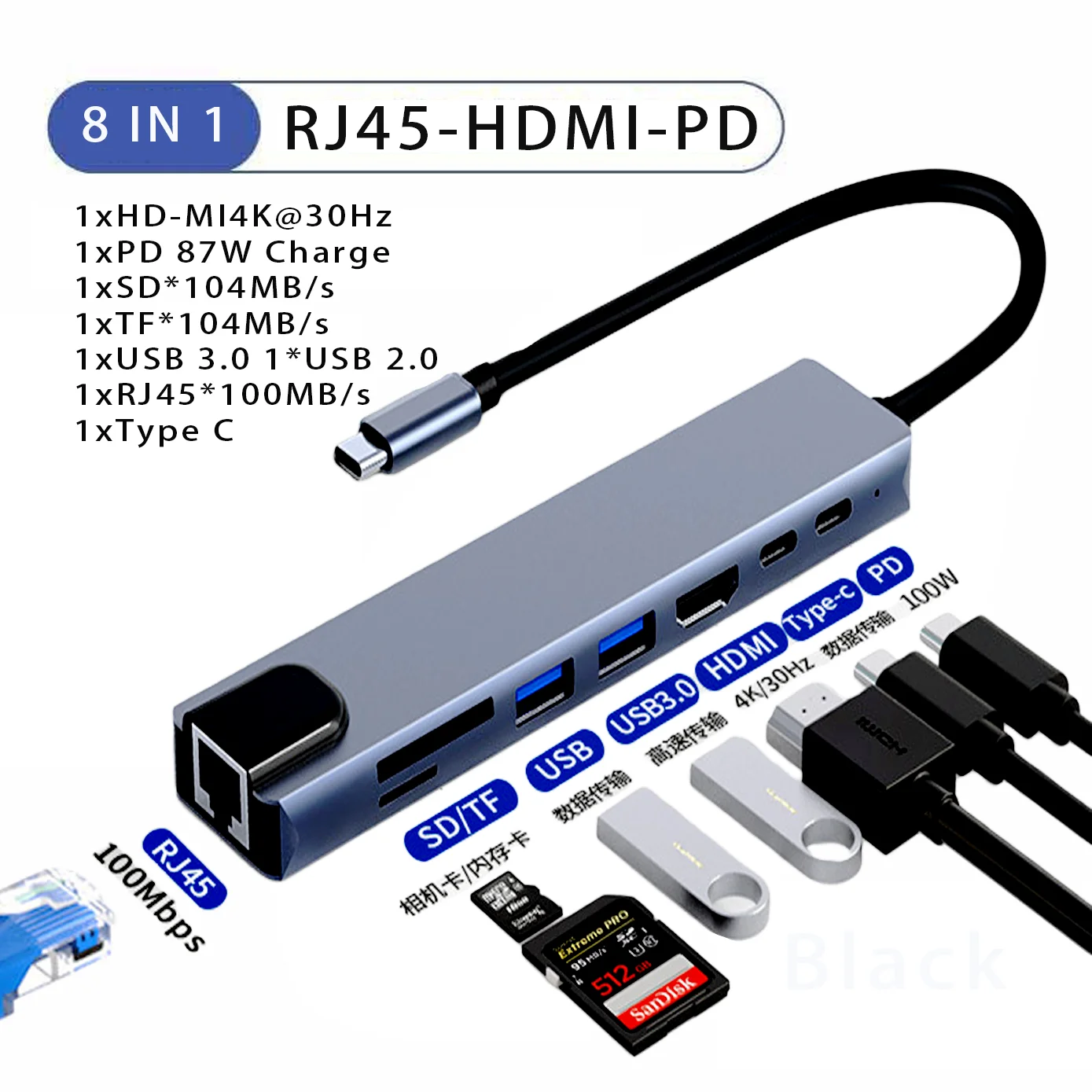 USB C HUB Type C Splitter To HDMI 4K thunderbolt 3 Docking Station Laptop Adapter With PD SD TF RJ45 For Macbook Air M1 iPad Pro: Blue