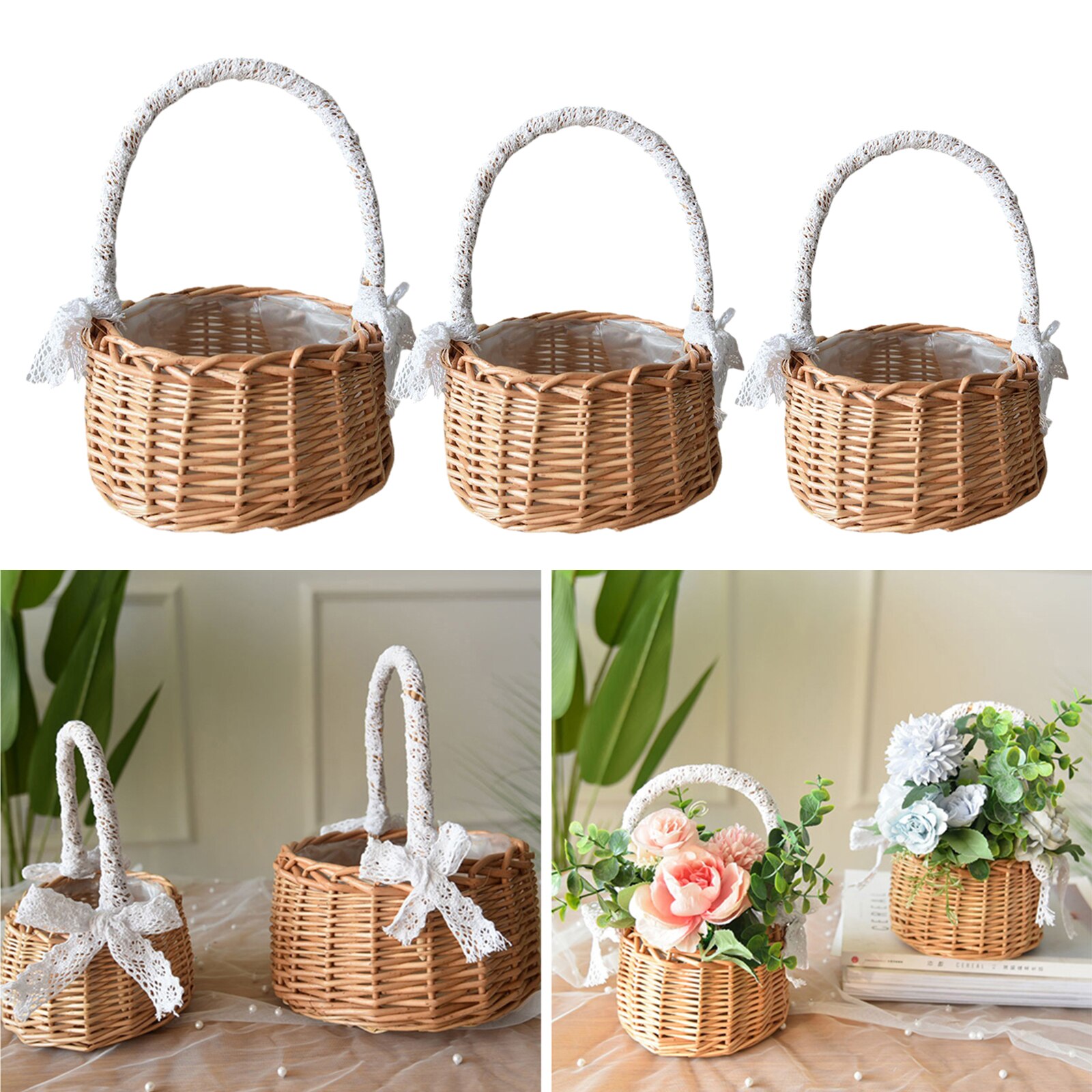 Natural Rattan Storage Basket Handmade Wedding Flower Girls Wicker Plant Holder