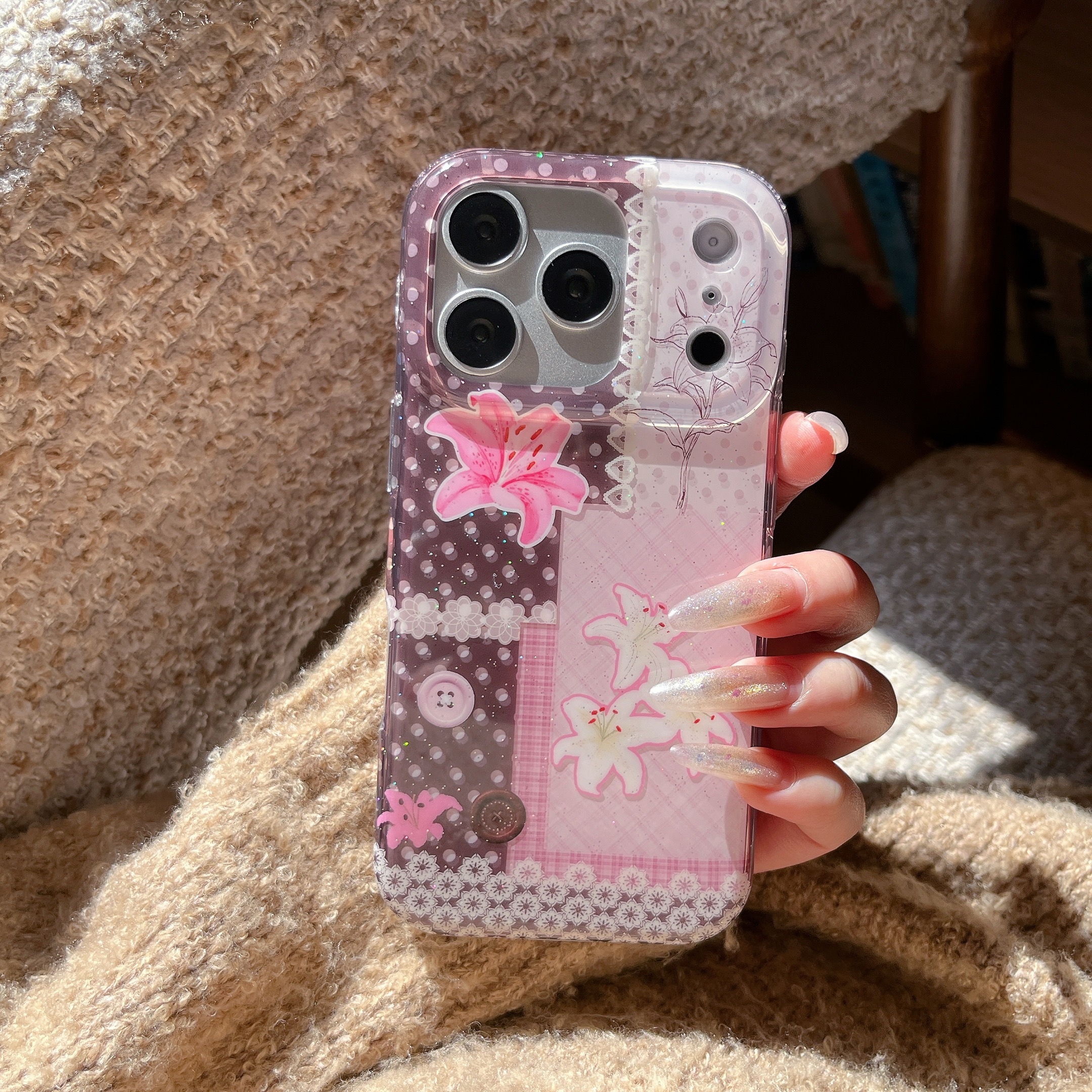 Vintage kant lily patchwork bloemen stippen & kant trim meisjesachtige telefoonhoes voor iPhone 17 16 15 14 13 Pro Max achterkant telefoonhoesje