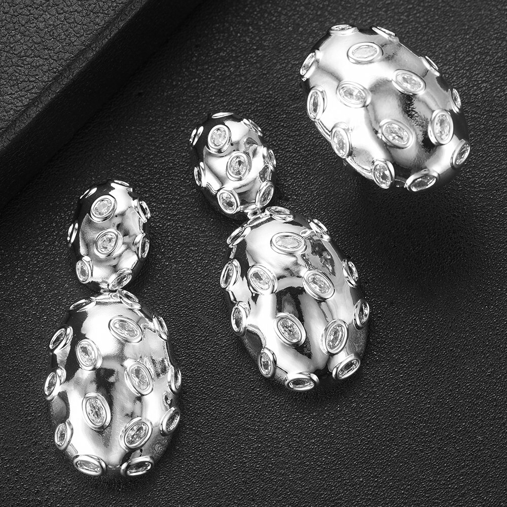 Godki Charms 3Pc Armband Ring Oorbel Set Voor Vrouwen Wedding Bridal Cubic Zirkoon Dubai Party Bruiloft Sieraden Boho: Imitation Rhodium Plated