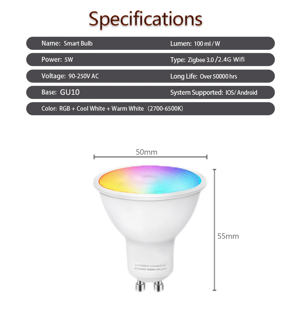 Inteligentne WiFi Zigbee żarówka LED GU10 możliwość przyciemniania RGBCW lampa Led dla aplikacji Ewelink Alexa Google Home Yandex Smartthings