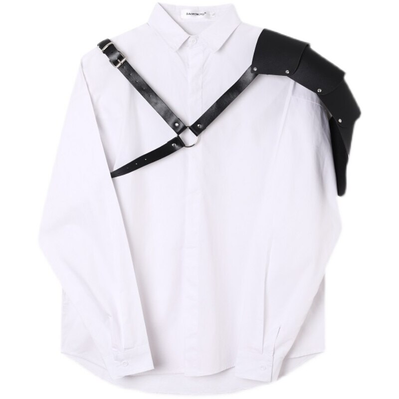 Printemps été Streetwear Japonais Hip Hop PU Bandage Noir Fonctionnel Vent À Manches Longues Chemise homme Ample Décontracté