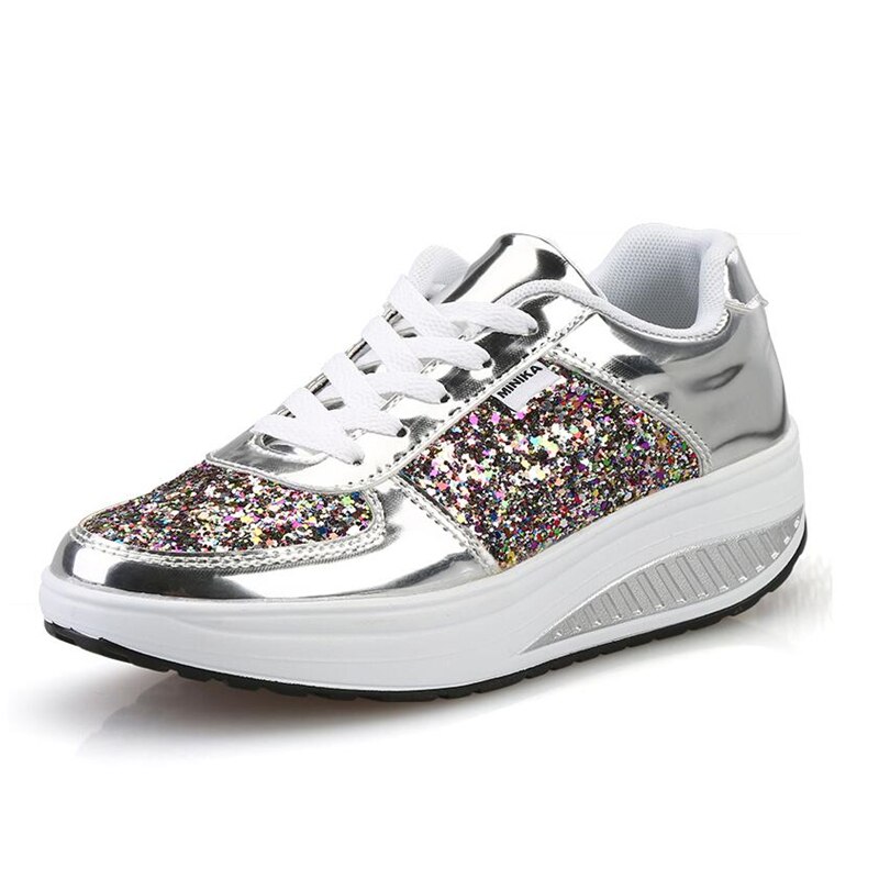 Pu glitter kvinder toning sko skinner vægt tabe swing sko tykke såler højde stigende kvinder sneakers