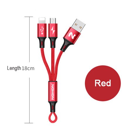 Nohon 2 In 1 Usb Kabel Micro 8Pin Usb Snel Opladen Kabels Voor Iphone 8X7 6 6S plus Ipad Ipod Samsung Nokia Nylon Draad: 2-in-1 18cm Red