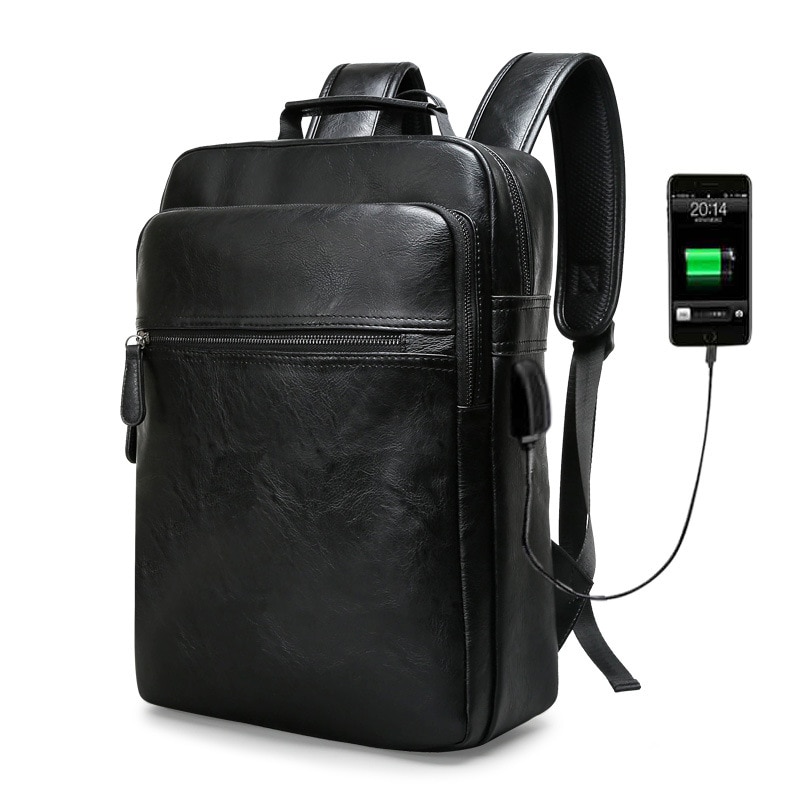 Laptop Men Backpack Large Capacity Travel Man Bag with USB Charging Backpacks PU Leather School College Waterproof