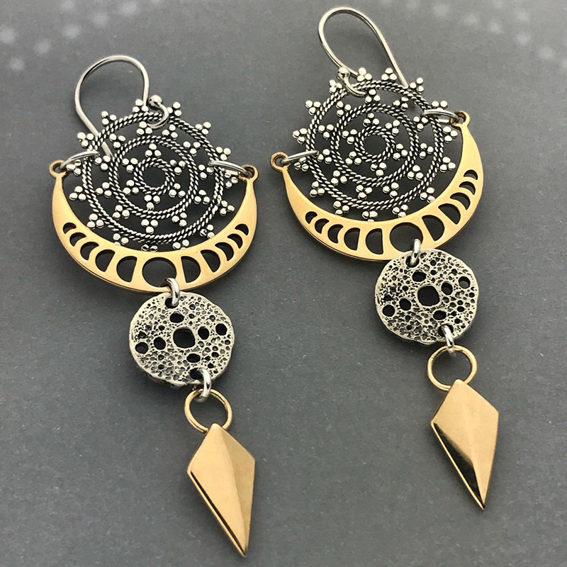 Newest Stars Moon Earrings for Women Boho Jewelry Vintage Two Tone Metal Geometric Hollow Dangle Earing Accessories