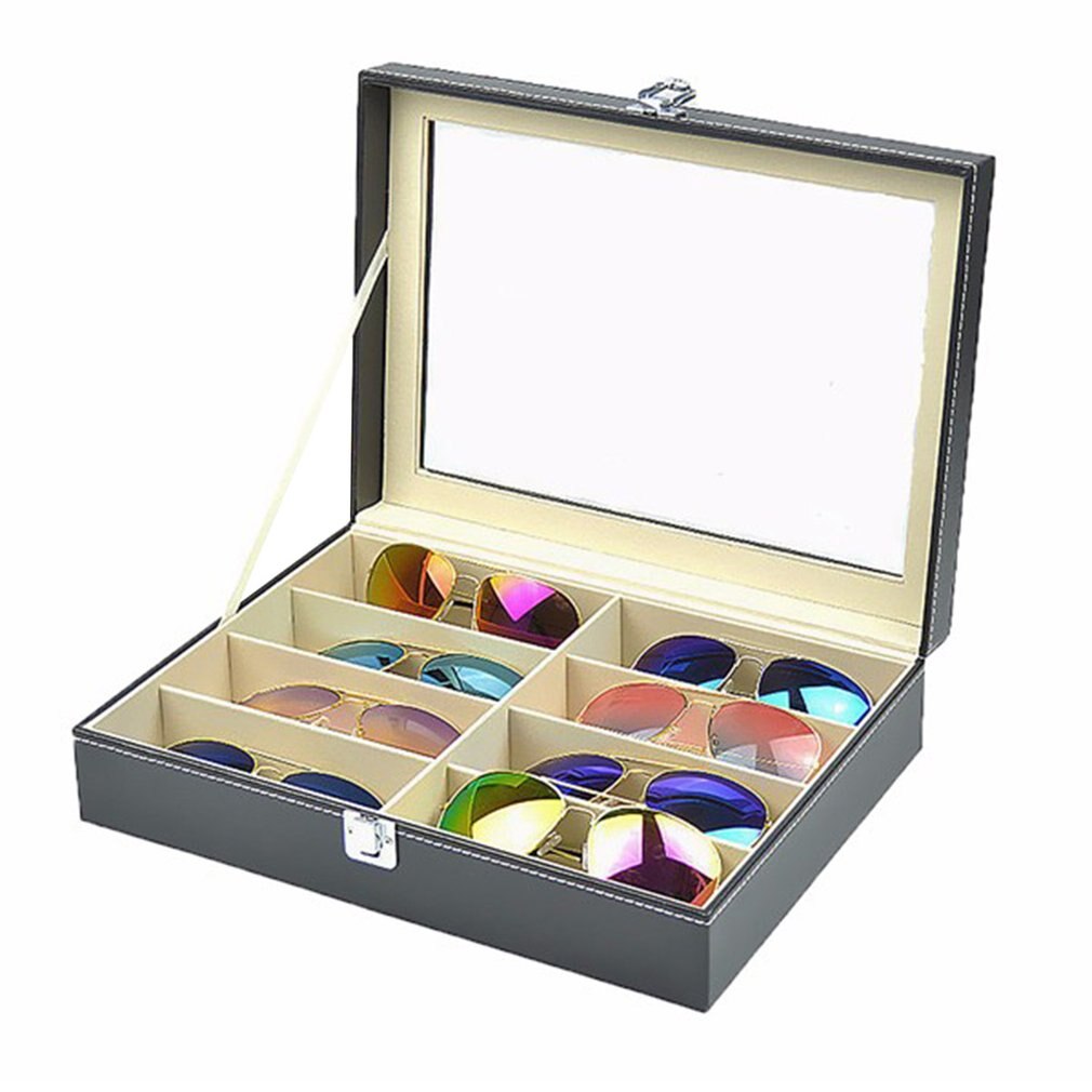 Houten/Lederen 8/10/12 Grids Display Sunglass Case Duurzaam Houder Sieraden Horloge Collection Organizer Box Container: YY125100