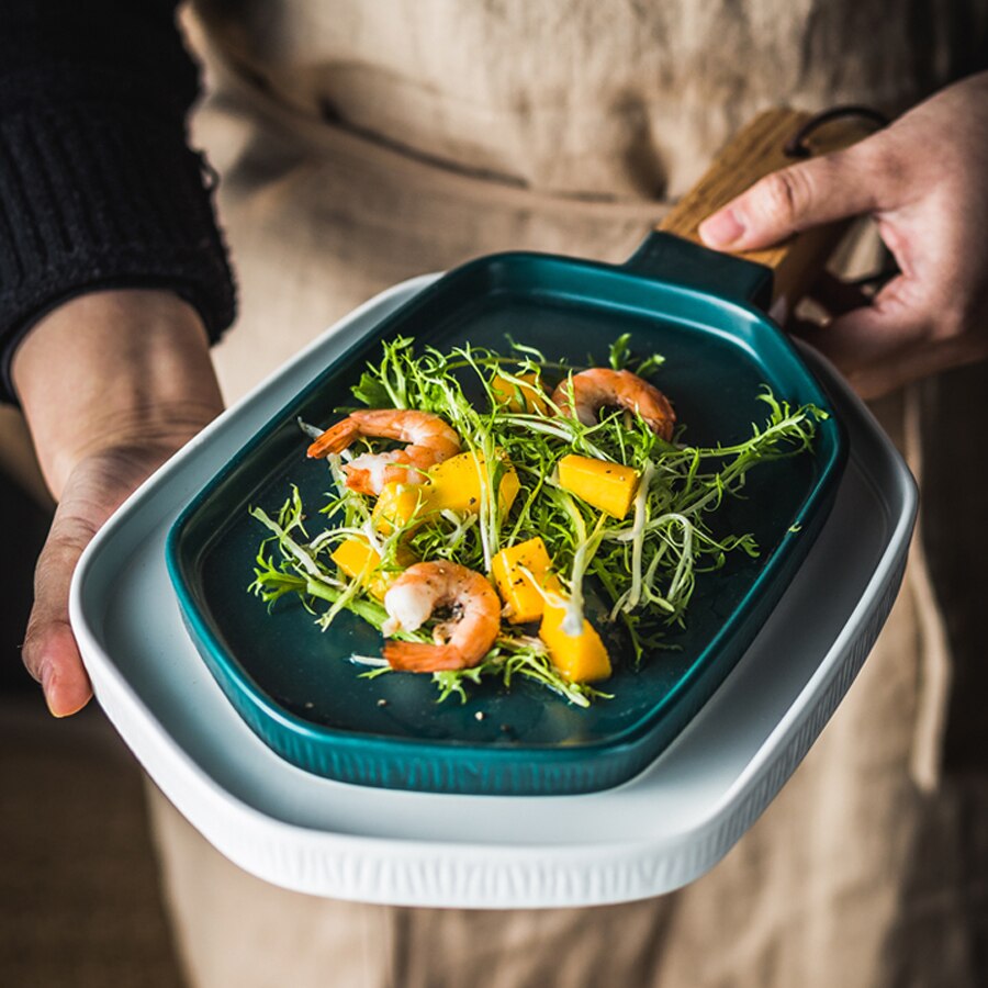 MUZITY Ceramic Plates With Wooden Handle Pigmented Irregular Porcelain Dish Plate Dinner Set