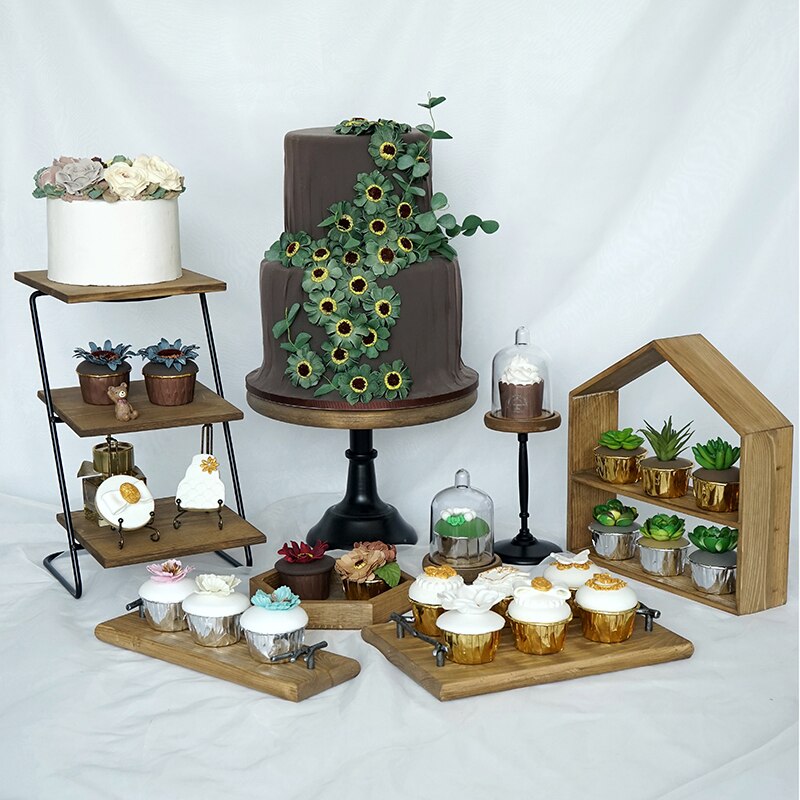 Vintage Bruin Houten Cake Stands Set voor Gazon Bruiloft Verjaardagsfeestje Dessert Servies Koffie Cupcake Cake Stands Platen Decor