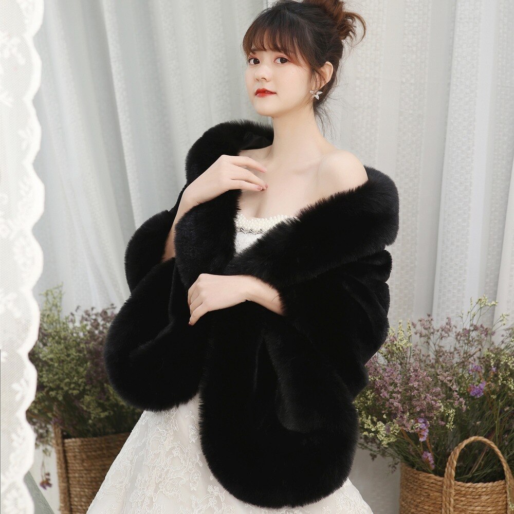 JaneVini Burgundy Wedding Jacket Furry Bridal Faux Fur Shawl Wrap Winter Bolero Cloak Women Evening Party Stole In Stock