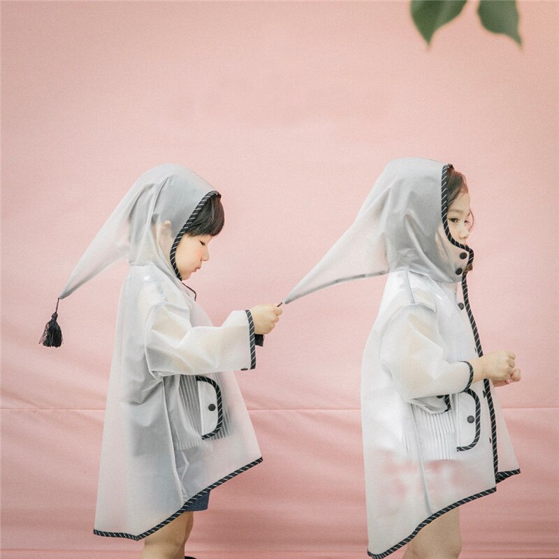 Children EVA Raincoat Kids Waterproof Poncho Outerwear Boys Girls Hooded Tassel Transparent Rainwear Overalls Clj078