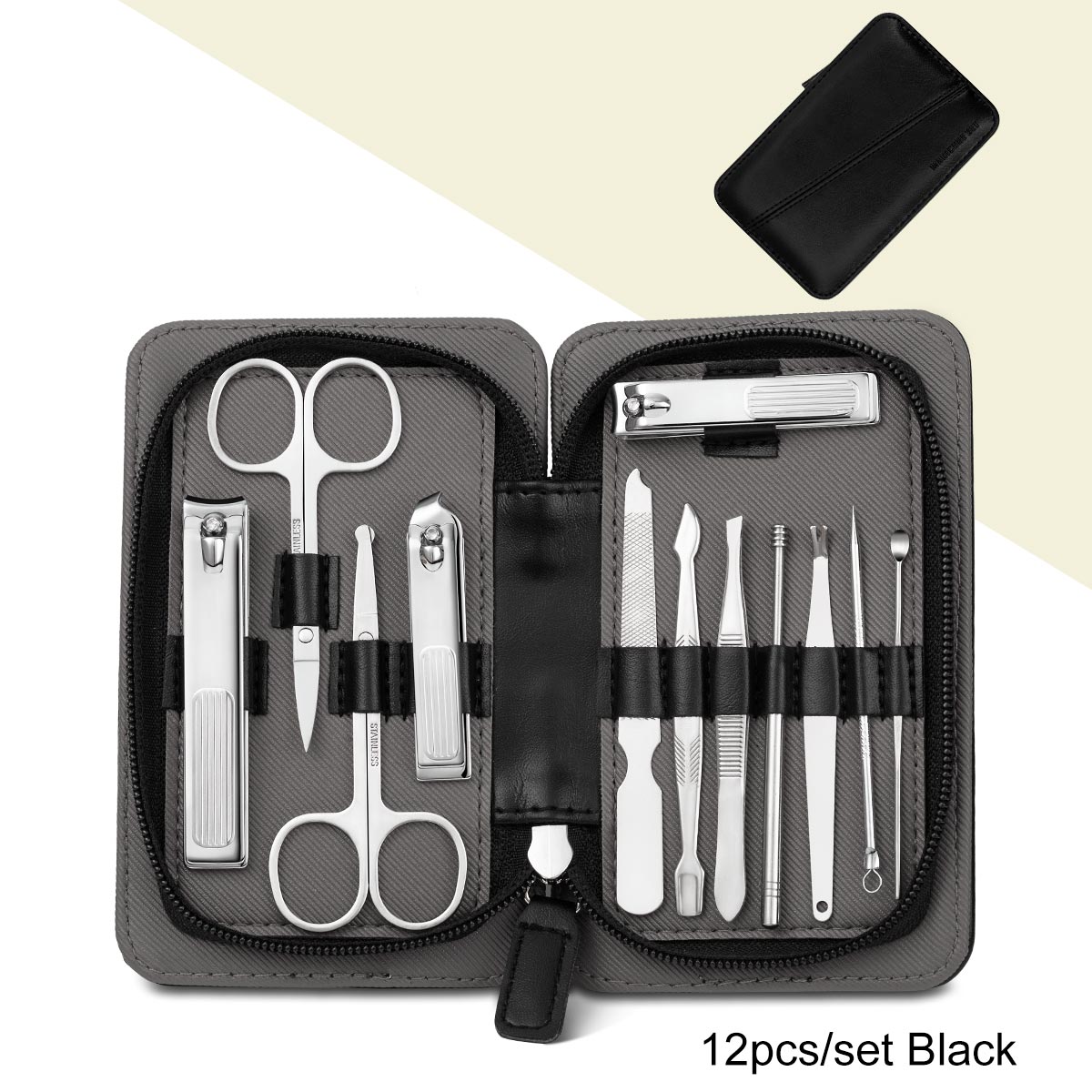 Juego de manicura y pedicura, cortaúñas de acero inoxidable, herramientas para cortar uñas, tijeras, Lima, Kit de recortador de cejas y pestañas: 12pcs-Black