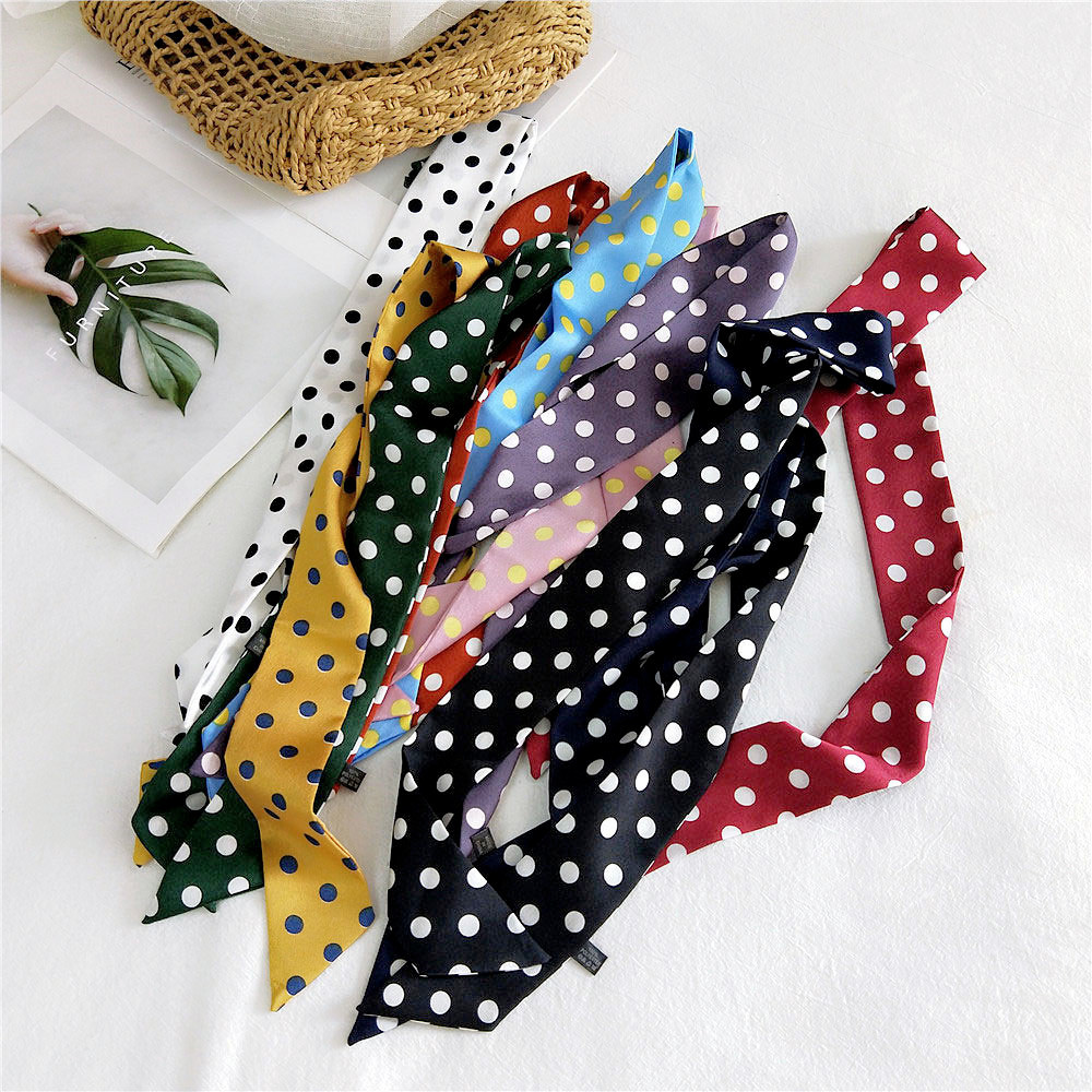 Spring Summer Women's Polka Dot Printed Silk Stain Hair Ribbon Tie Scarf Female Black White Green Yellow Bag Scarves