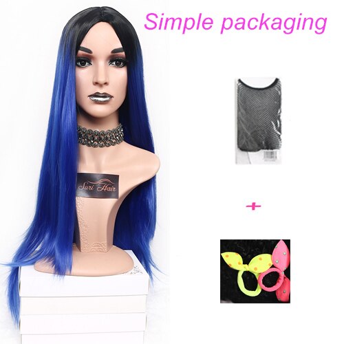 Suri-Peluca de pelo largo liso para mujer, pelo largo sintético resistente al calor, color rosa ombré, dos tonos, 30 pulgadas, negro, marrón, azul, 7 colores: BLUE-JY