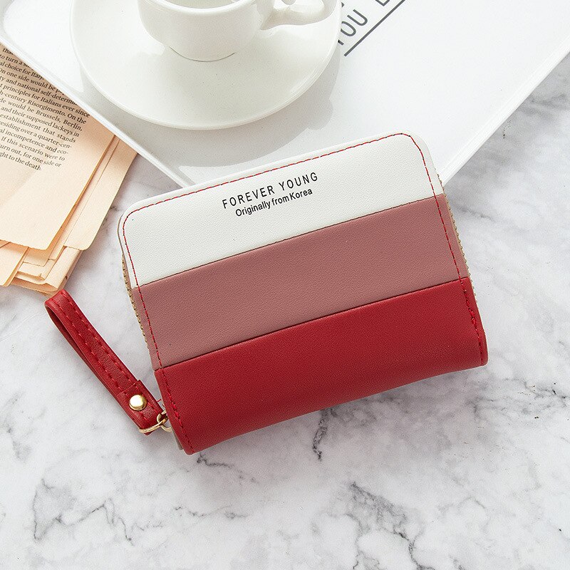 Geestock Short Wallet Women Zipper Purse Patchwork Wallets Coin Purse Multiple Card Slots Credit Card Holder PU Leather: Red