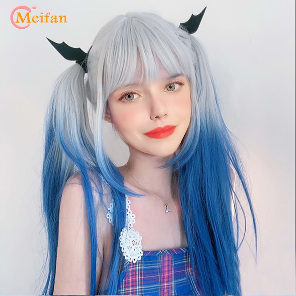Meifan Lange Rechte Lolita Cosplay Hoofddeksels Pruik Synthetische Pruik Met Pony Vrouwelijke Witte Ombre Blauw Haar Gradiënt Pruik Meisje