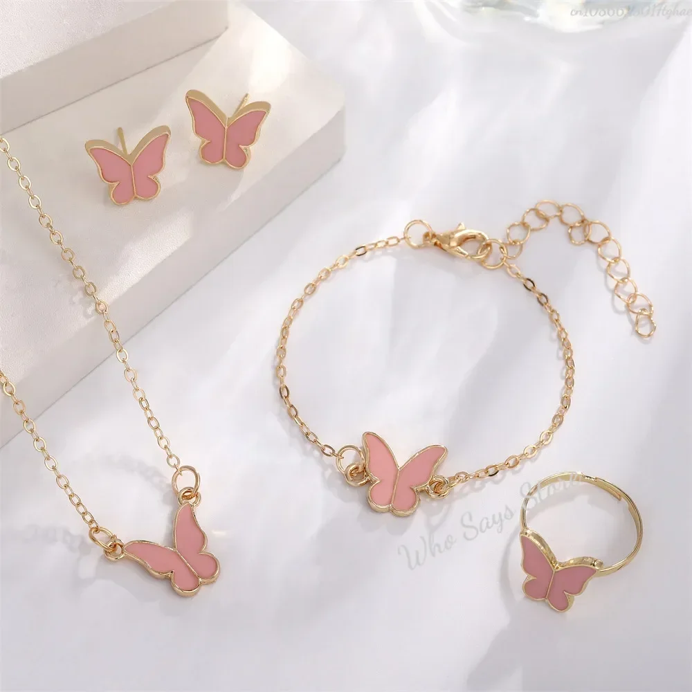 Ensembles de bijoux papillon en cristal acrylique, Bracelet romantique, bague, collier, boucles d'oreilles, accessoires pour robe de dîner de mariage pour femmes: Rhodium plaqué