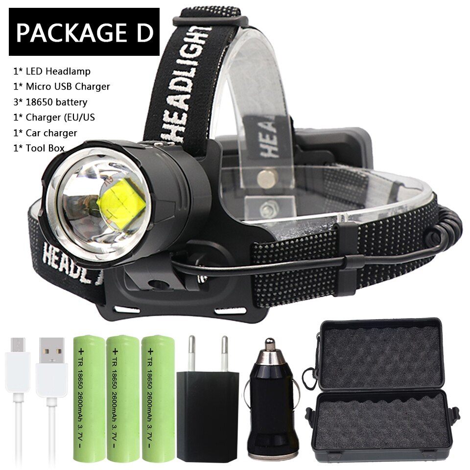 50000lm XHP70.2 32W powerful Led headlamp Headlight zoom head lamp flashlight torch Lantern 7800mah 18650 battery