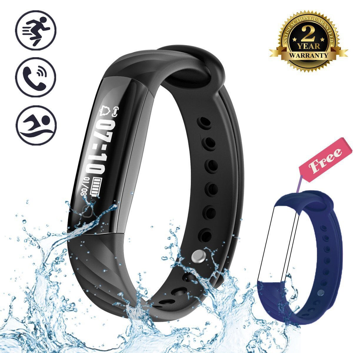 Inseguitore di Fitness Impermeabile, KENCOOL Sottile Activity Tracker Vigilanza di Forma Fisica Braccialetto Intelligente Pedometro Bluetooth Wristband di Sport Del Regalo: Black - blue band