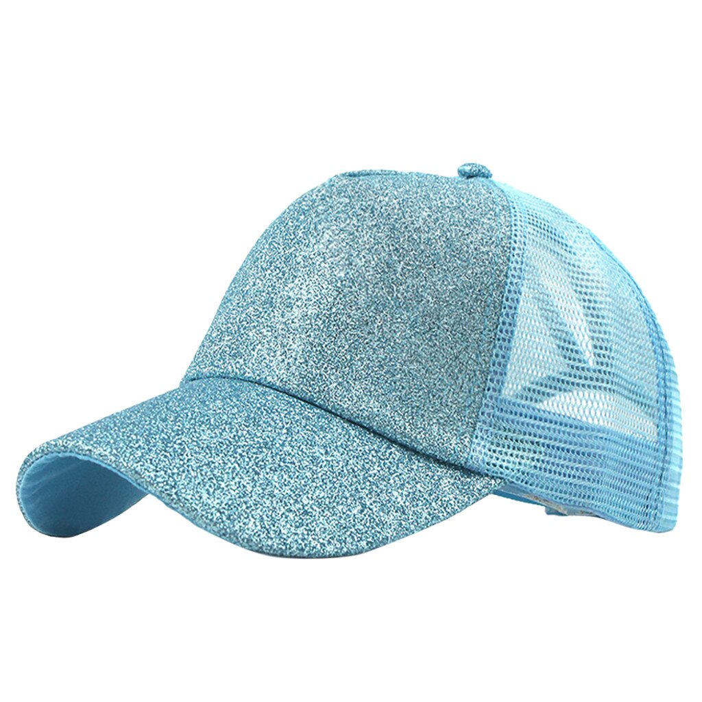 Gorra de béisbol con cola de caballo brillante para mujer, gorro de béisbol con cola de caballo, Cierre trasero, malla transpirable, transpirable, desordenado, ajustable, #40: Light blue 