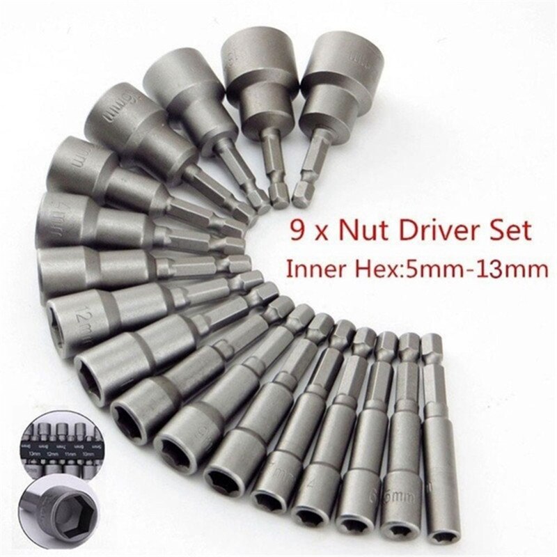 9 Stks/set 5 Mm-13 Mm Hex Socket Mouw Nozzles Moer Driver Set