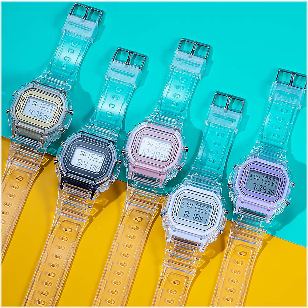 YIKAZE LED Digital Watches for Boys and Girls Transparent Strap Student Electronic Watch Waterproof Alarm Clock Kids Sport Watch