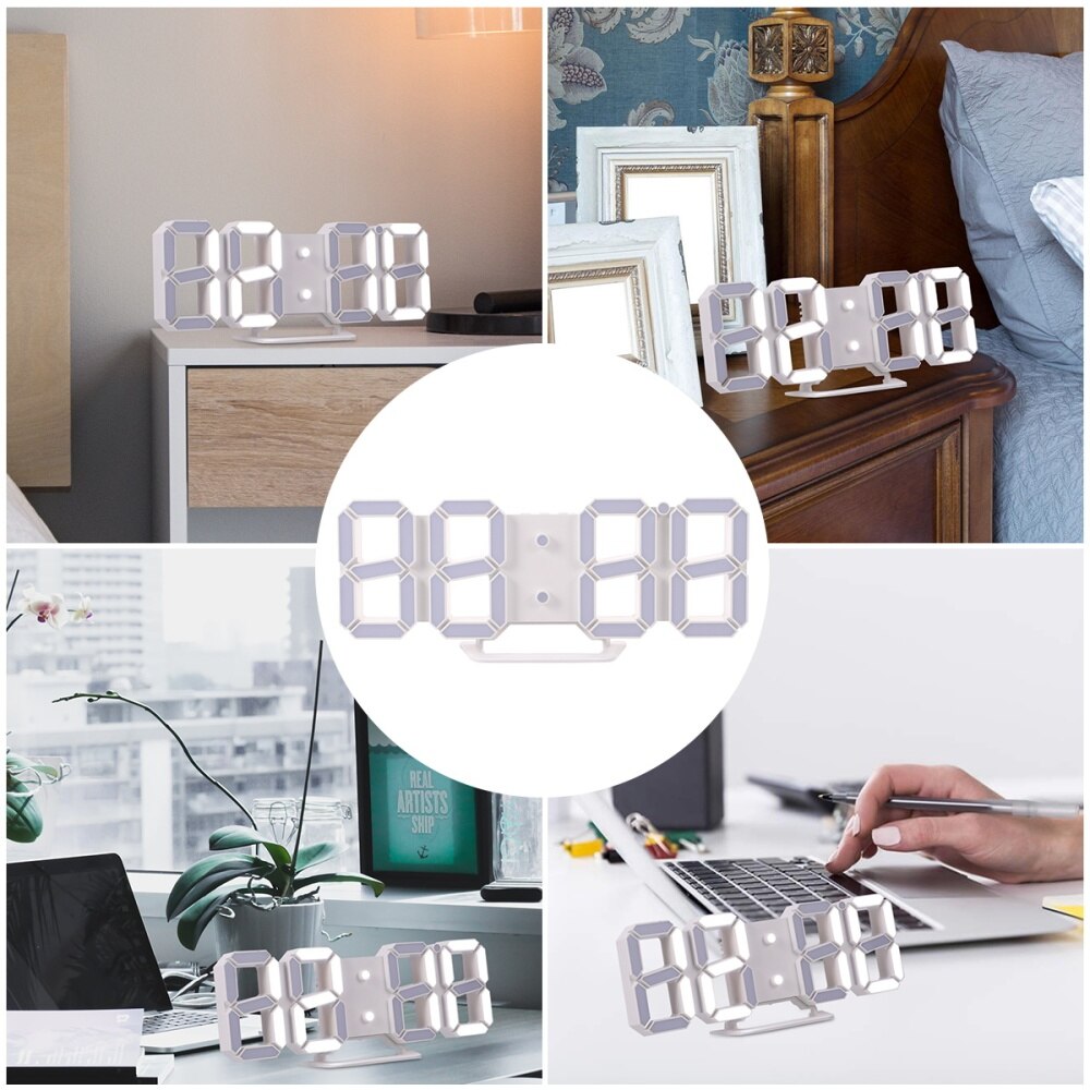 3D LED Digital Clock Wall Desk Alarm Clock USB Charging Clock for Home Office (White, White Numbers)