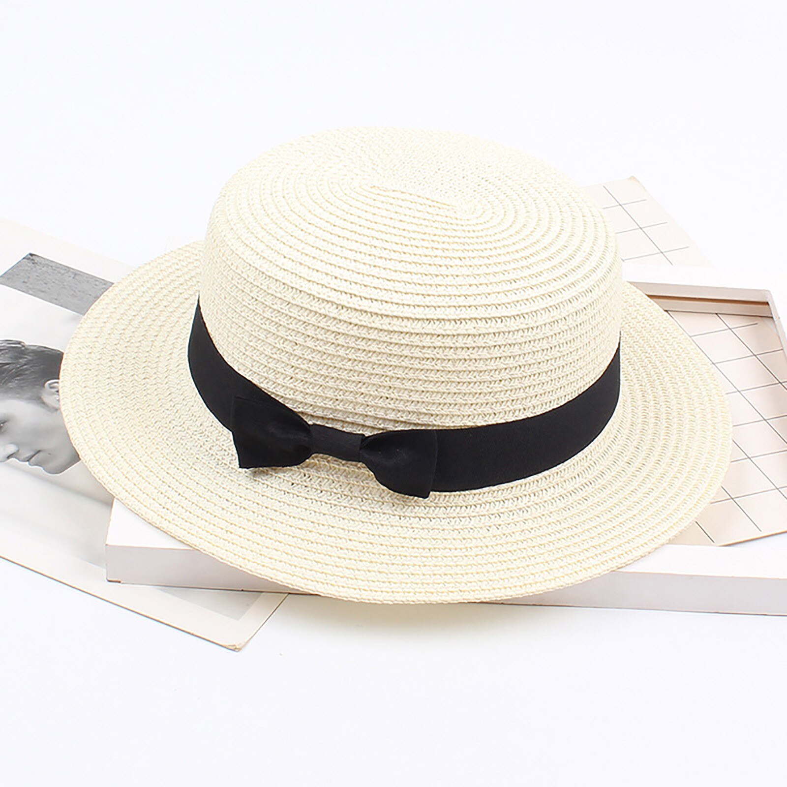 25# Women Girls Caps Boho Sun Beach Straw Hats Wide Brim Summer Caps Parent-child Girls Ladies Sun Hats Bow Hat: WH