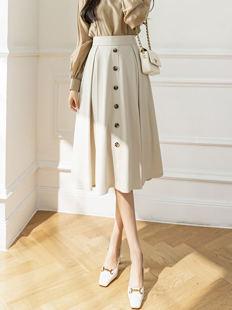 High Waist Long Skirts Women 2022 Spring Korean Style All-match Single-breasted Ladies A-line Skirt W1052