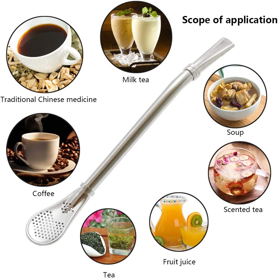 Cuchara de paja de acero inoxidable con filtro, Bombilla Yerba Mate, colador de té de mango largo con cepillo de limpieza, para beber té de hojas sueltas