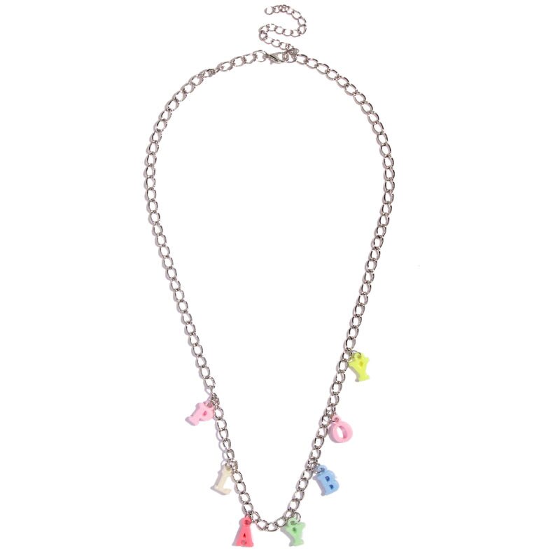 Flatfoosie-collier avec lettres à pendentif pour femmes, collier Long avec lettres multicolores couleur argent, bijoux mignons, à la: 026308SL