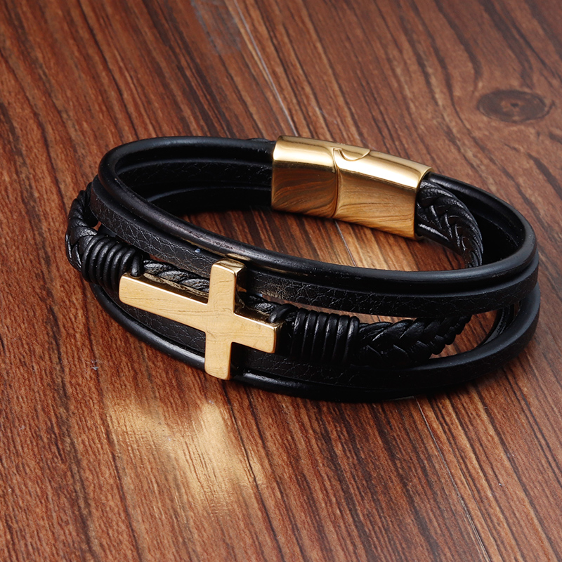 Pulsera de cuero de acero inoxidable para hombre, brazalete clásico con de Cruz Multicolor de lujo, para hombre