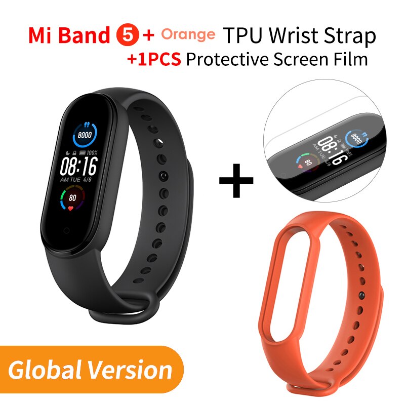 Xiaomi banda 5 versão global pulseira inteligente tela de toque miband 5 pulseira esporte rastreador de fitness monitor de freqüência cardíaca: EN Add Orange Strap