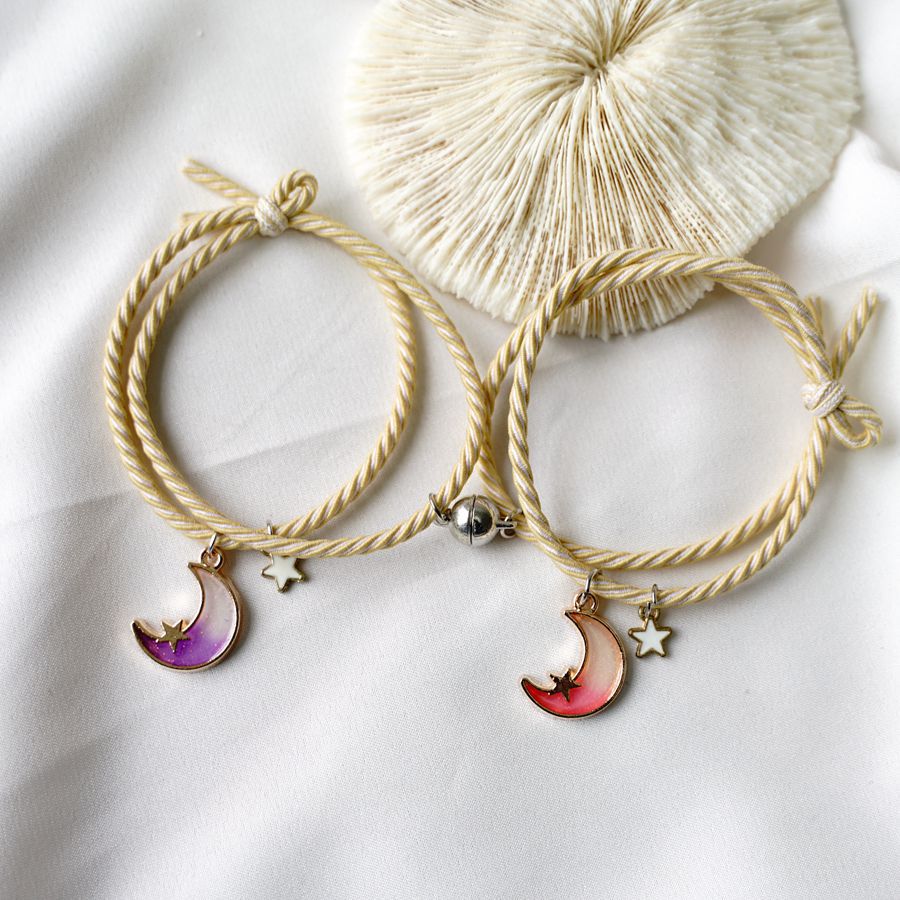 2 pçs estrela lua magnética casal pulseira conjunto para homens mulheres na moda artesanal corda corrente amizade pulseira ajustável jóias