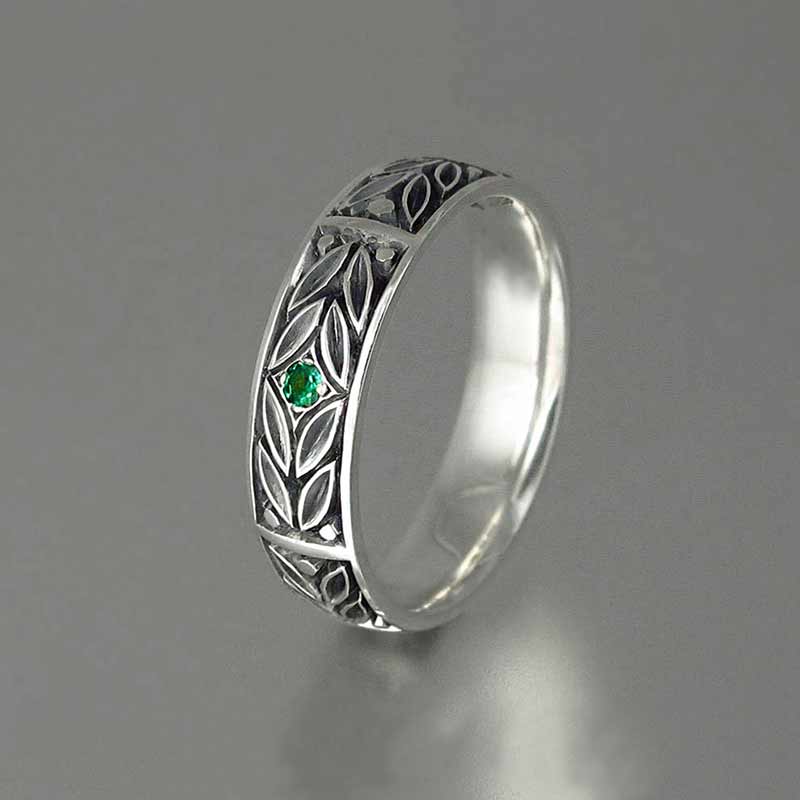 Huitan Retro Anniversary Ring Voor Vrouwen Met Vintage Bladeren Gegraveerd Met Een Kleine Groene Cubic Zirkonia Steen Vinger Ringen
