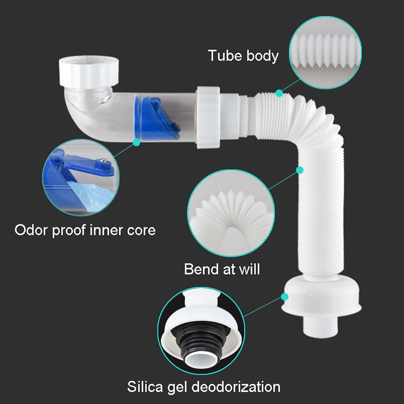 ABS Drain Hose Washbasin Corrugated Curved Pipe Bathroom Expandable Flexible Drain Tube Kitchen Sink Sewer Deodorant Accessories