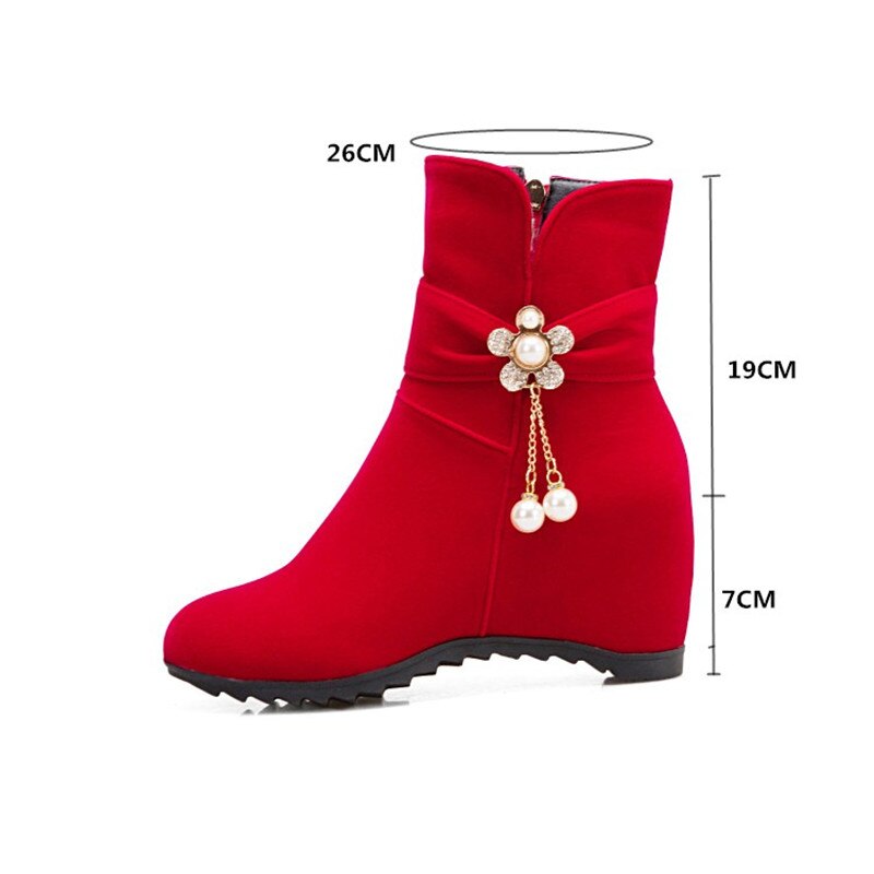 PXELENA fleur douce perle chaîne mariée mariage bottes chaussures d'hiver caché talons hauts Faux daim troupeau bottines rouge 43