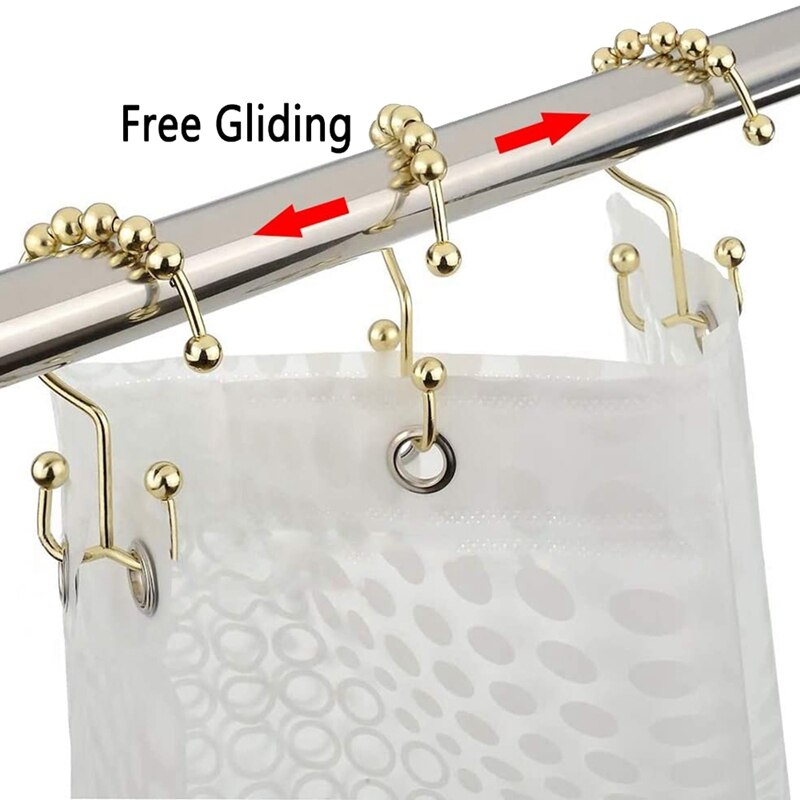 Duschdraperi ringar krok set  of 12, rostfritt stål rostskydd dubbel glidrulle med åtta badrum gardinkrok guld