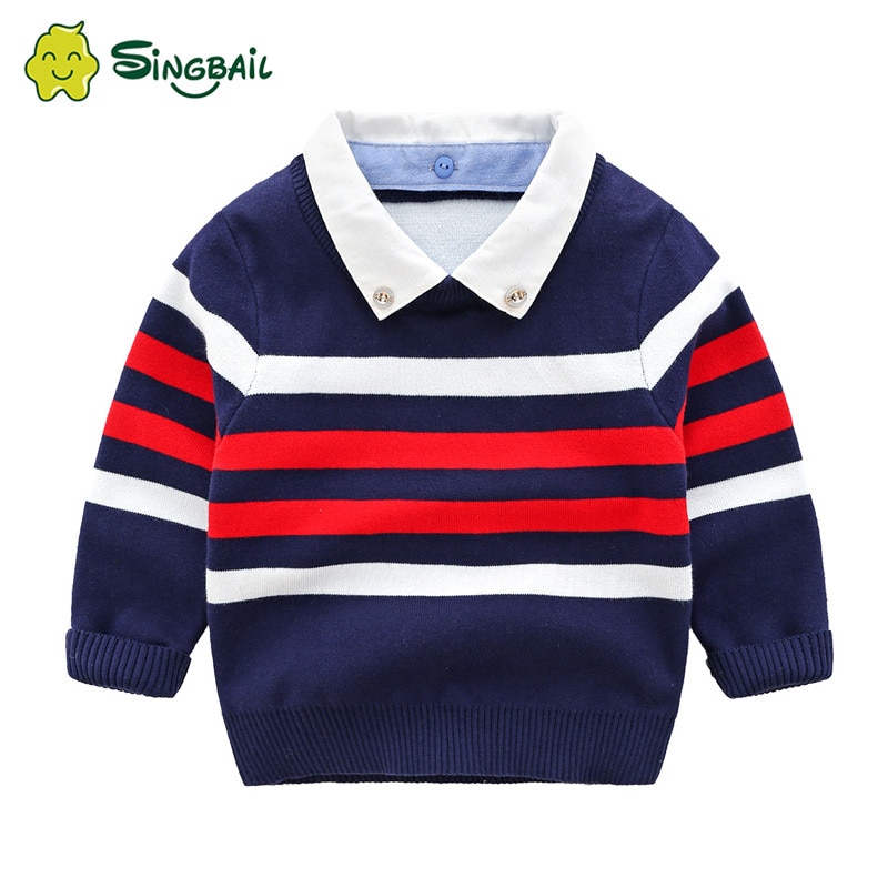 Forår efterår vinter år jul turndown krave strikket skole farve patchwork baby børn drenge stribede trøjer  yx0