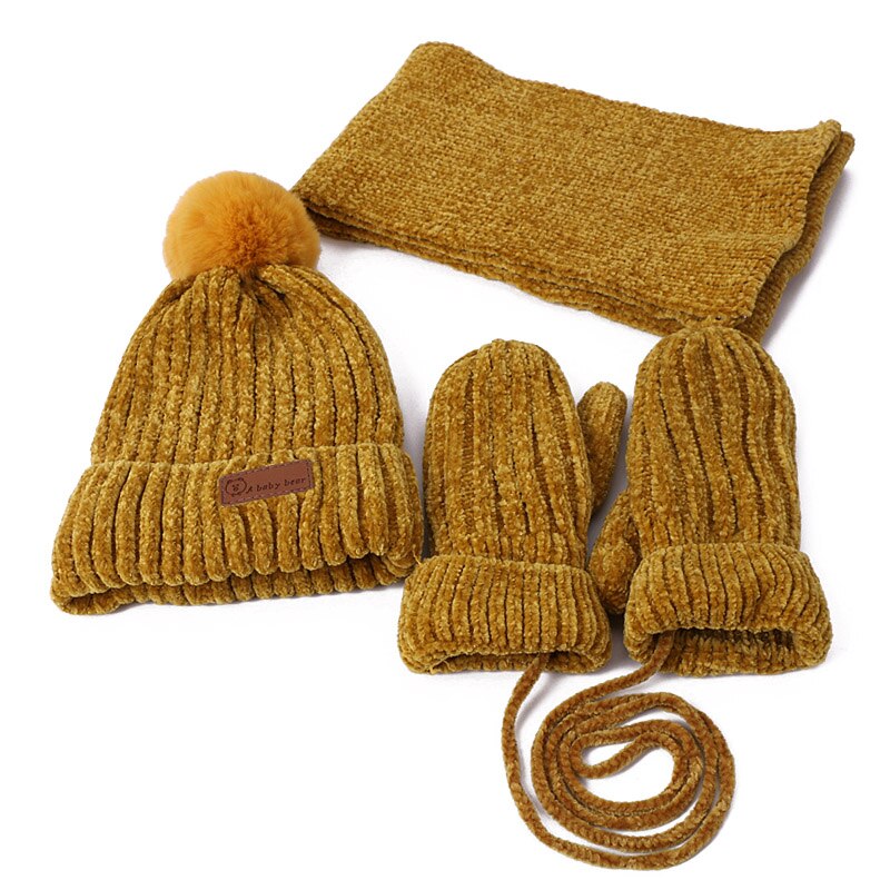 Børn vinter pompon beanie hatte tørklæde handsker sæt strikket varm tyk corchet chenille beanie og tørklæde vanter til drenge og piger: Jeg