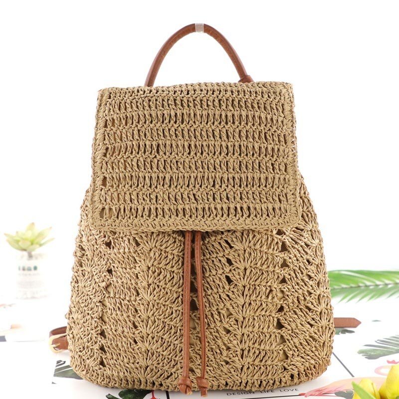 Mochila de paja tejida para mujer, mochila multifunción de paja, bolso escolar de paja, informal para playa, bolsa de libros de viaje para chica,: brown