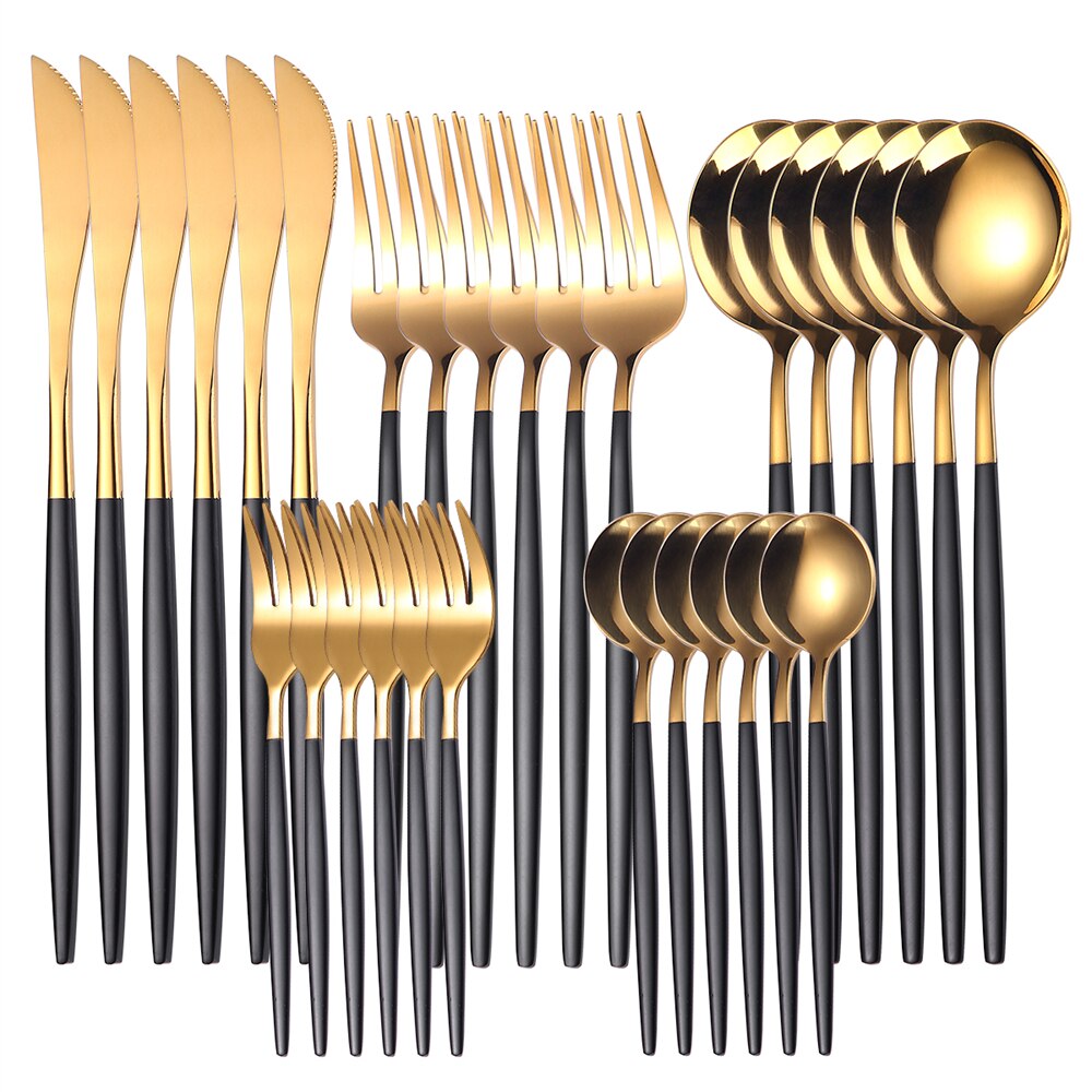 Couverts en acier inoxydable, 30 pièces, service de table en or, vaisselle en acier inoxydable, fourchette en or, cuillère couteau, service d'argenterie de luxe pour Banquet: 30Pcs Black Gold