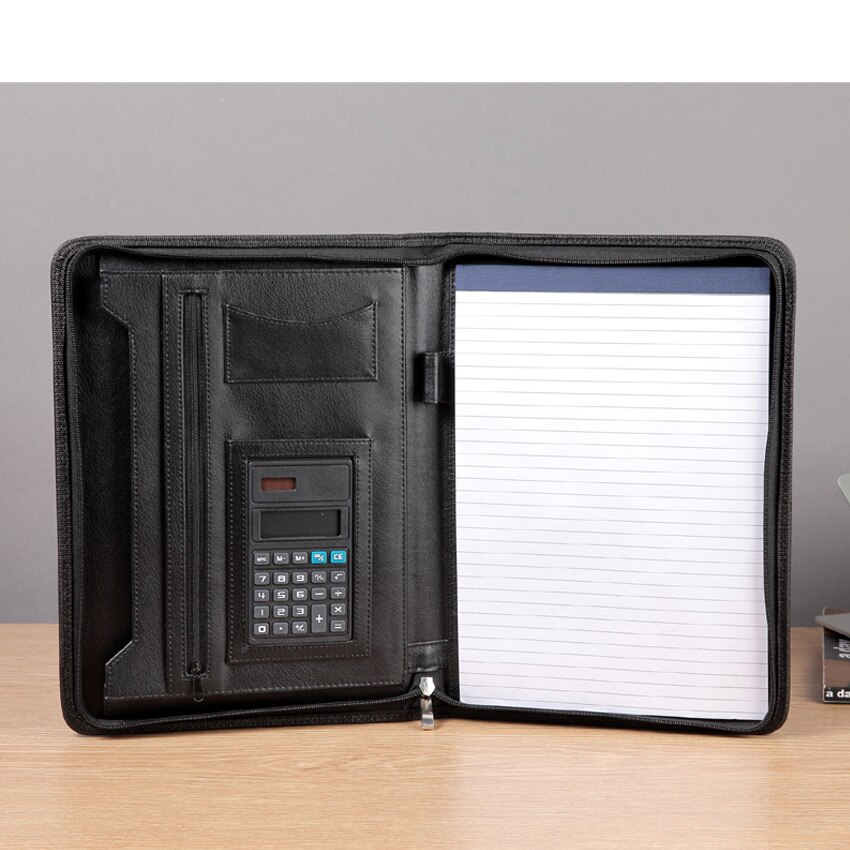 Business Zippered A4 Padfolio PU Leather Modern Portfolio with Calculator Pockets For Office Supply