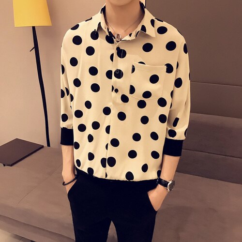 Männer Luxus Lose Herren Shirts Neue England Stil, , Polka Dot Print Shirt Männer Sommer Roll Up Sleeve Shirt: khaki CS123 / L